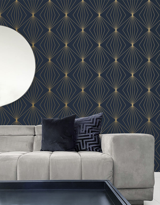 media image for Gem Geometric Peel & Stick Wallpaper in Dark Blue & Metallic Gold 245