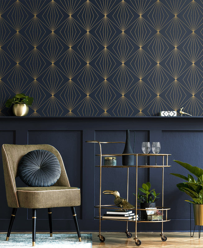 media image for Gem Geometric Peel & Stick Wallpaper in Dark Blue & Metallic Gold 255