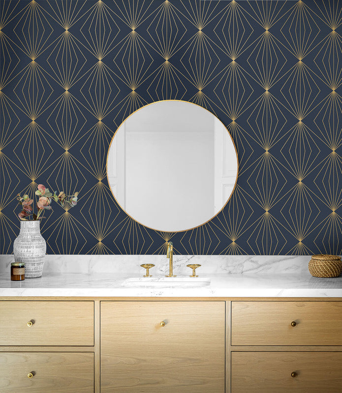 media image for Gem Geometric Peel & Stick Wallpaper in Dark Blue & Metallic Gold 297