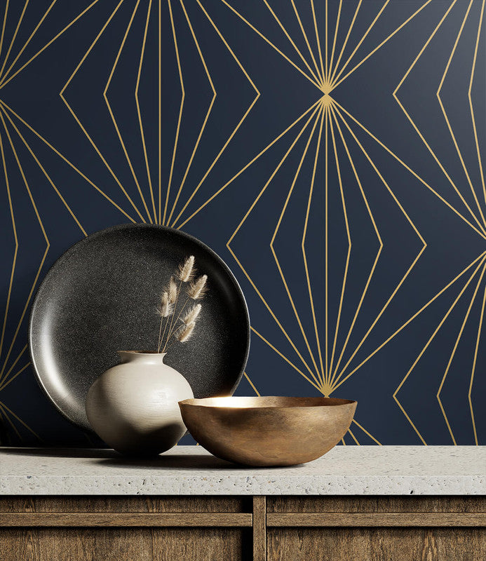 media image for Gem Geometric Peel & Stick Wallpaper in Dark Blue & Metallic Gold 275