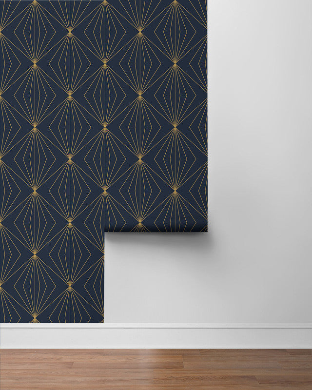 media image for Gem Geometric Peel & Stick Wallpaper in Dark Blue & Metallic Gold 226