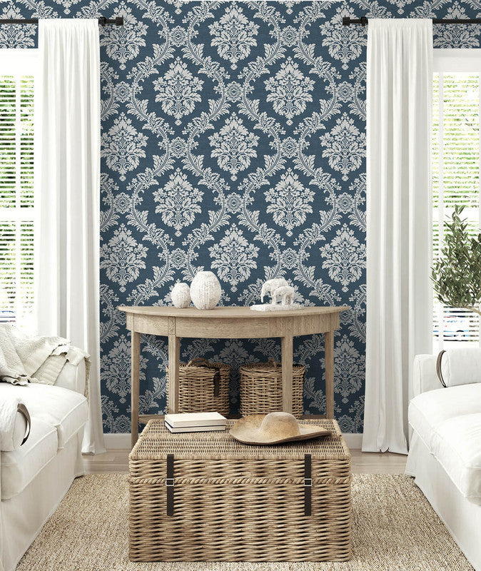 media image for Seaside Damask Peel & Stick Wallpaper in Denim Blue 224