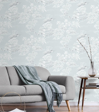 product image for Coastline Toile Peel & Stick Wallpaper in Blue Mist 57