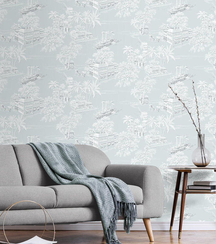 media image for Coastline Toile Peel & Stick Wallpaper in Blue Mist 26