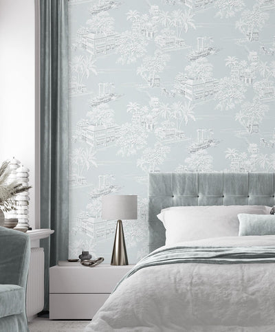 product image for Coastline Toile Peel & Stick Wallpaper in Blue Mist 20