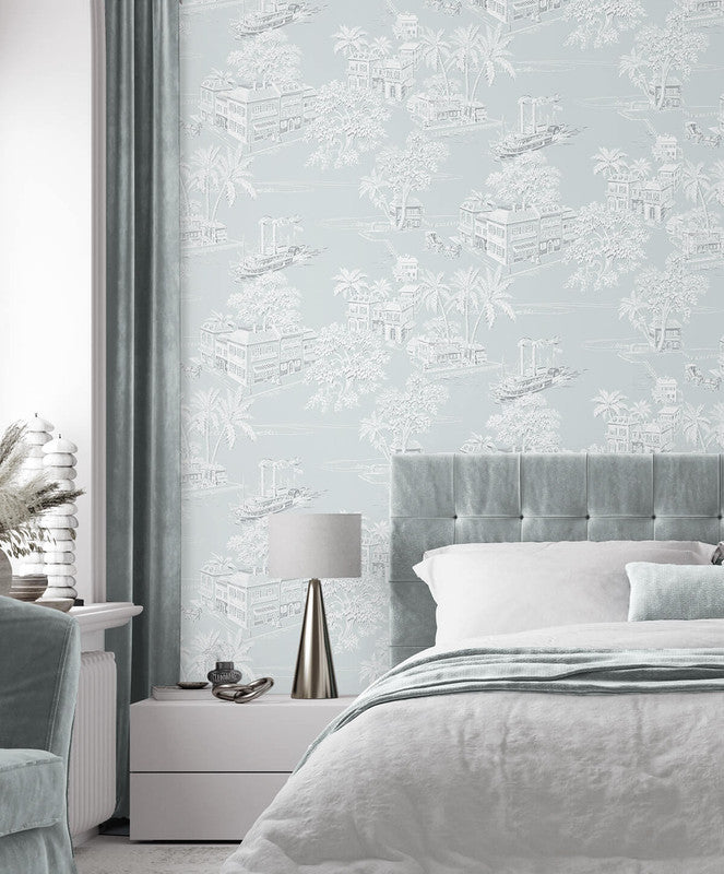 media image for Coastline Toile Peel & Stick Wallpaper in Blue Mist 293