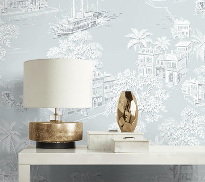 product image for Coastline Toile Peel & Stick Wallpaper in Blue Mist 97