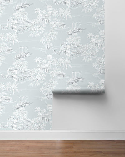 product image for Coastline Toile Peel & Stick Wallpaper in Blue Mist 14