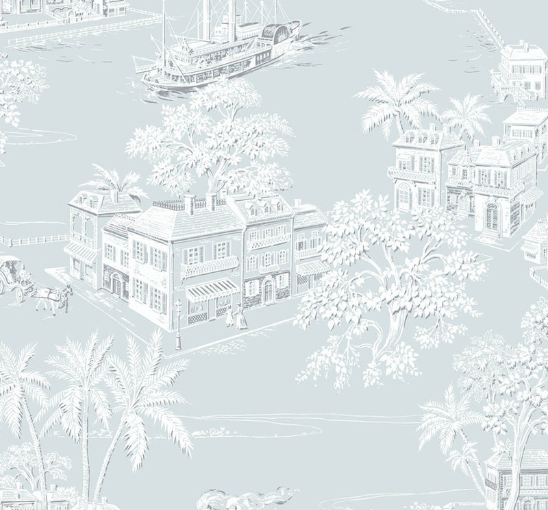 media image for Coastline Toile Peel & Stick Wallpaper in Blue Mist 240