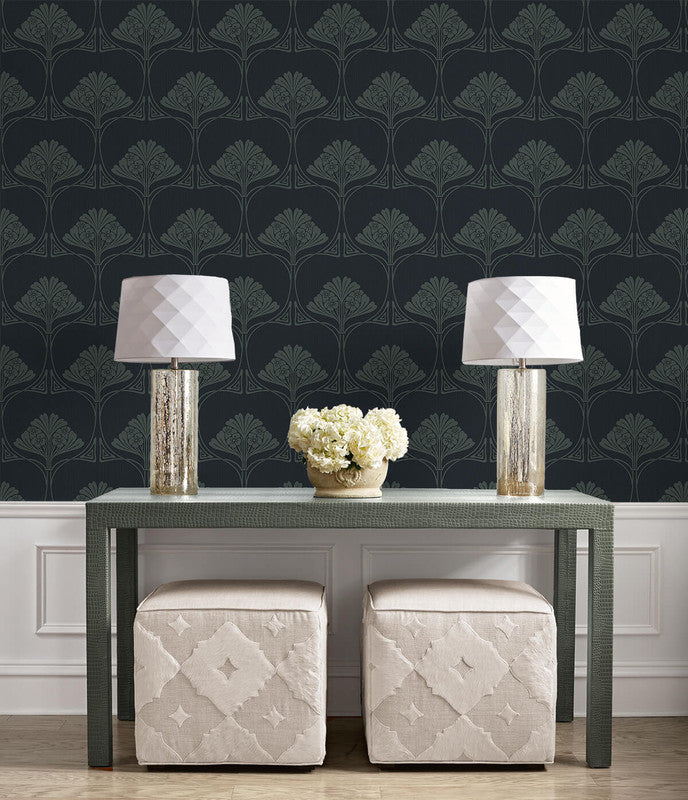 media image for Deco Floral Peel & Stick Wallpaper in Midnight Blue & Juniper 241