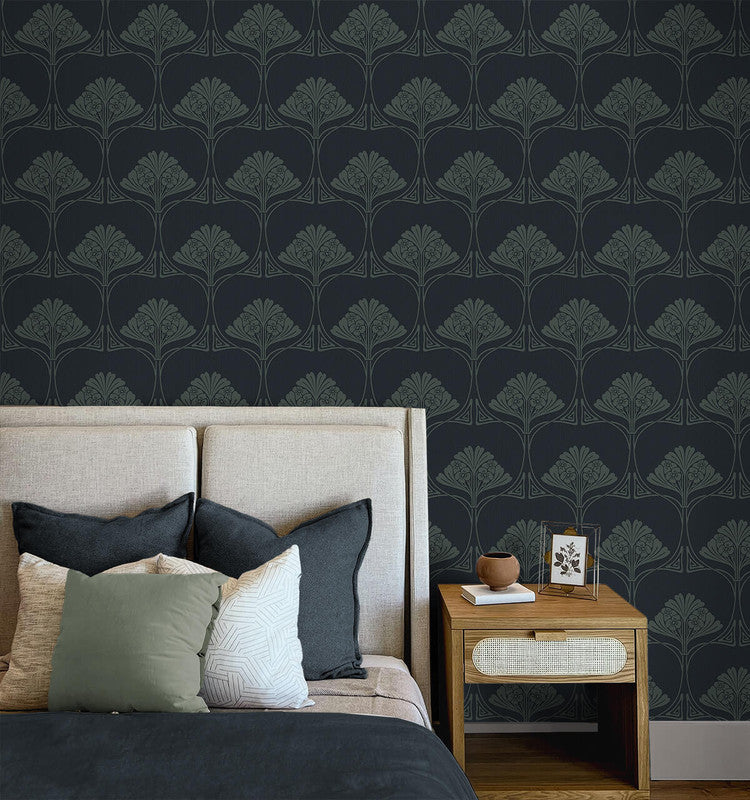 media image for Deco Floral Peel & Stick Wallpaper in Midnight Blue & Juniper 225