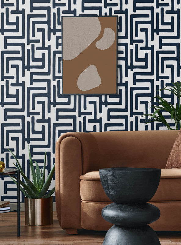 media image for Graphic Maze Peel & Stick Wallpaper in Dark Blue 219