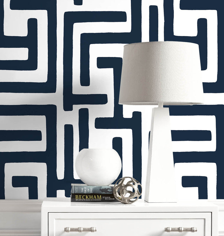 media image for Graphic Maze Peel & Stick Wallpaper in Dark Blue 299