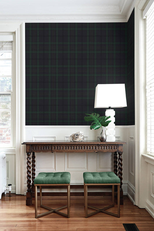 media image for Tailor Plaid Peel & Stick Wallpaper in Dark Blue & Evergreen 234