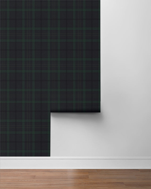 media image for Tailor Plaid Peel & Stick Wallpaper in Dark Blue & Evergreen 262