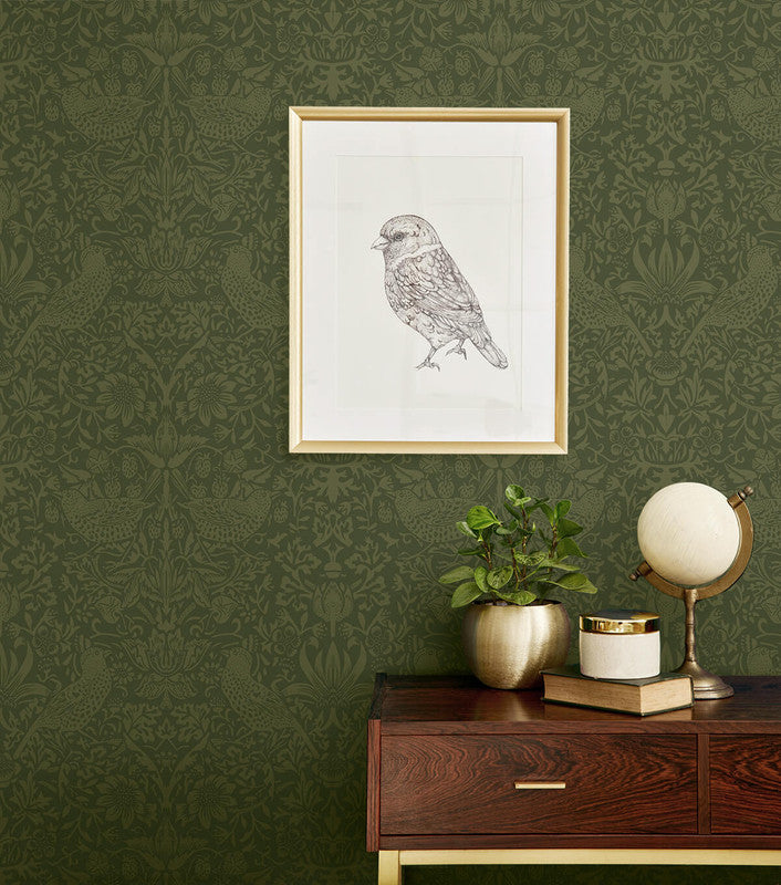 media image for Tonal Bird Garden Peel & Stick Wallpaper in Moss Green 238