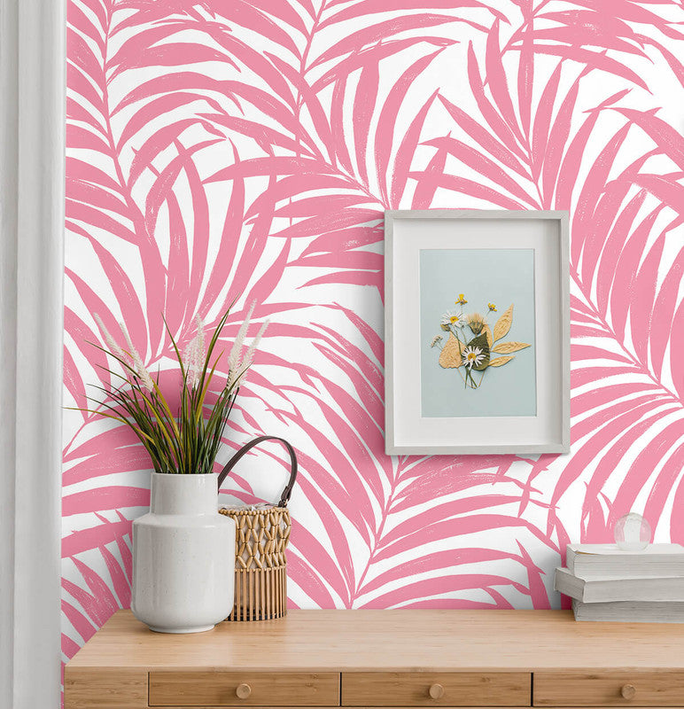 media image for Beach Palm Peel & Stick Wallpaper in Pink 286