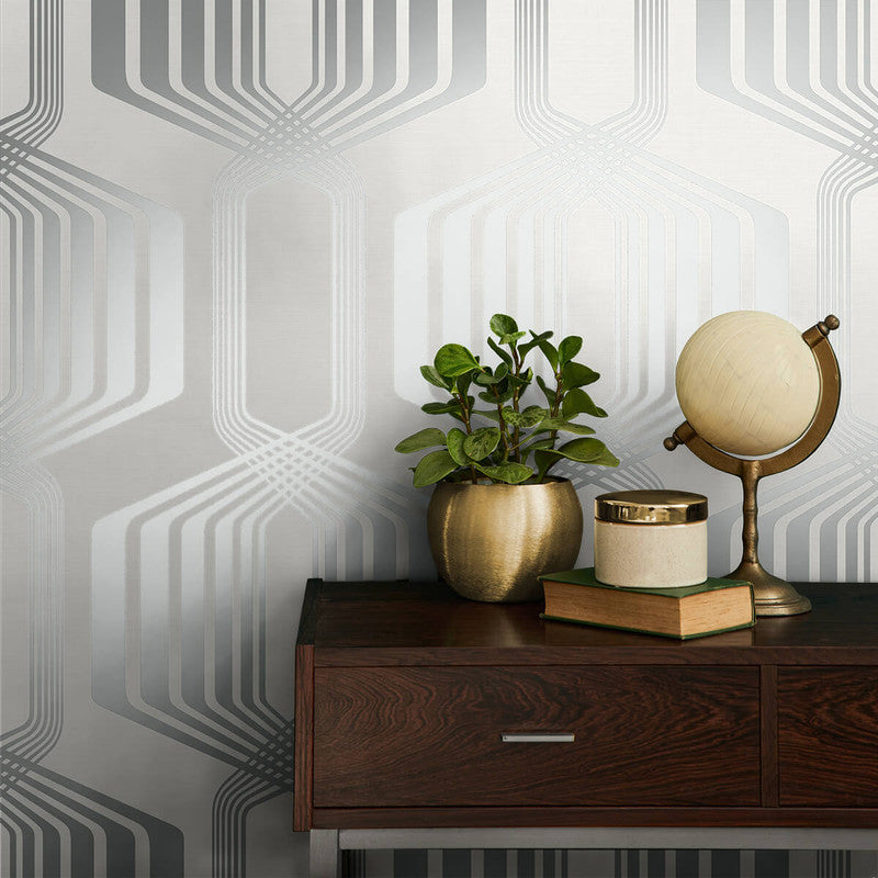 media image for Striped Geo Peel & Stick Wallpaper in Metallic Silver 233