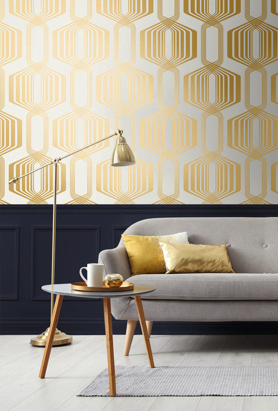 media image for Striped Geo Peel & Stick Wallpaper in Metallic Gold 277