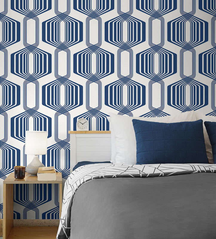 media image for Striped Geo Peel & Stick Wallpaper in Blue Sapphire 228