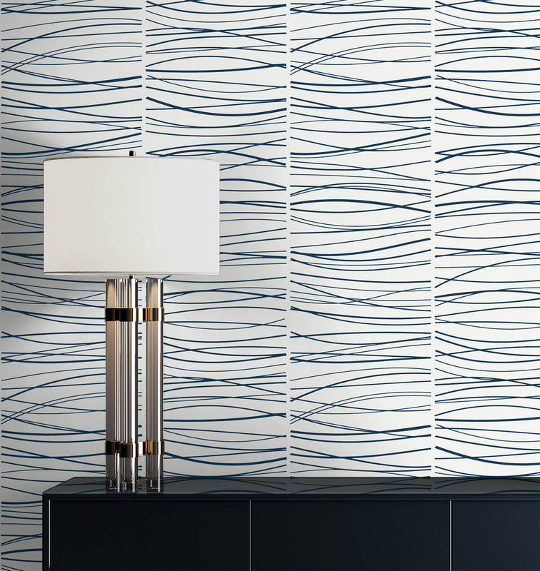 media image for Wave Lines Peel & Stick Wallpaper in Blue 220