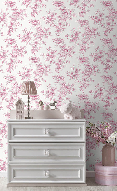 media image for Sketched Floral Peel & Stick Wallpaper in Pink 290