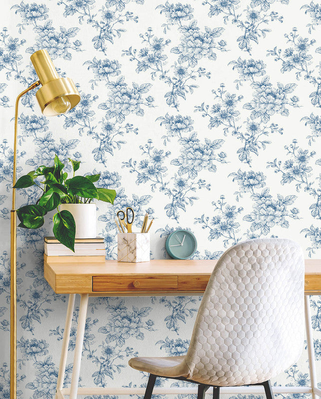 media image for Sketched Floral Peel & Stick Wallpaper in Blue 225