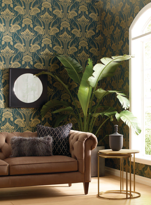 media image for Nouveau Damask Wallpaper in Green and Gold from the Deco Collection by Antonina Vella for York Wallcoverings 25