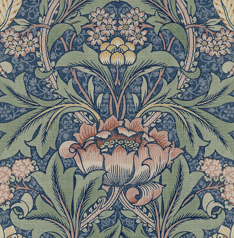 media image for Acanthus Floral Prepasted Wallpaper Denim Blue & Salmon by Seabrook 24