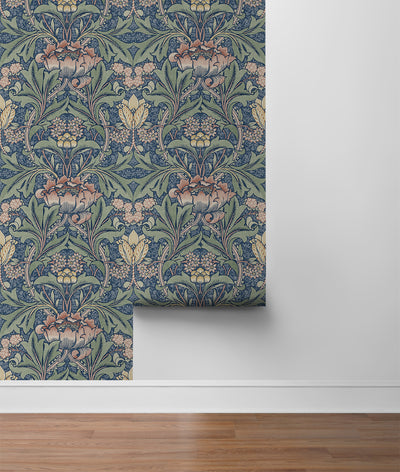 product image for Acanthus Floral Prepasted Wallpaper Denim Blue & Salmon by Seabrook 32