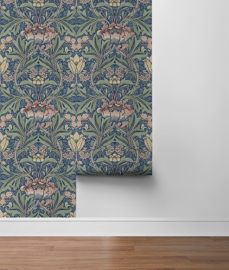 media image for Acanthus Floral Prepasted Wallpaper Denim Blue & Salmon by Seabrook 252