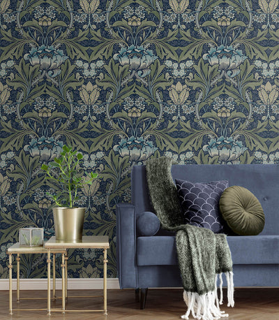 product image for Acanthus Floral Prepasted Wallpaper in Denim & Sage 23