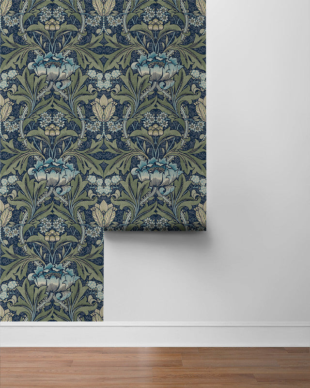 media image for Acanthus Floral Prepasted Wallpaper in Denim & Sage 249