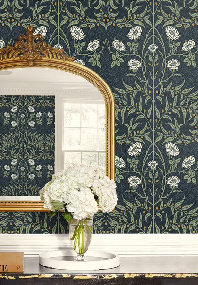 product image for Stenciled Floral Prepasted Wallpaper Navy & Sage by Seabrook 44