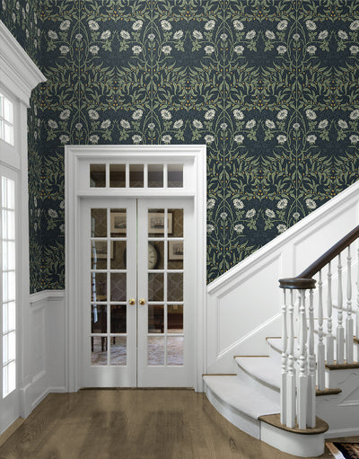 product image for Stenciled Floral Prepasted Wallpaper Navy & Sage by Seabrook 54