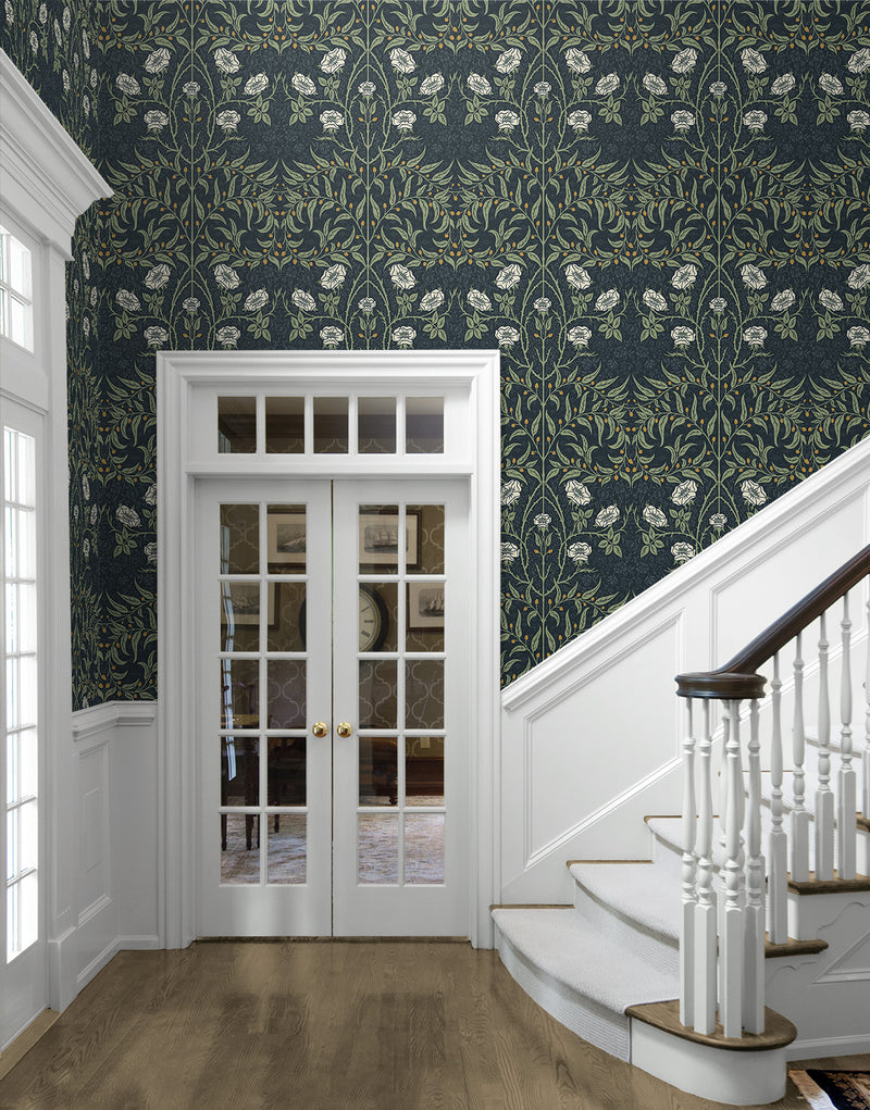 media image for Stenciled Floral Prepasted Wallpaper Navy & Sage by Seabrook 230