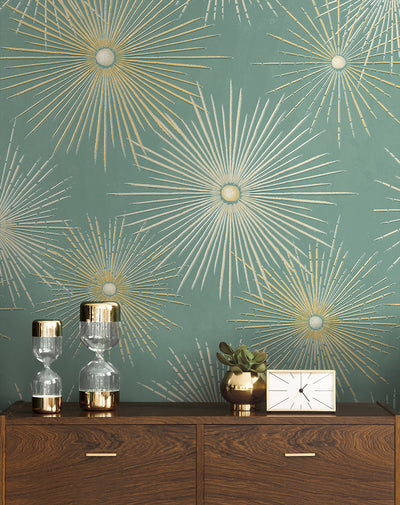 product image for Starburst Geo Prepasted Wallpaper in Teal/Gold by Seabrook 45