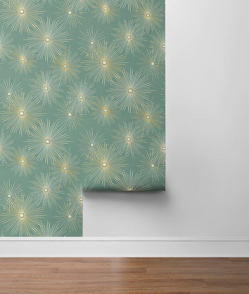 media image for Starburst Geo Prepasted Wallpaper in Teal/Gold by Seabrook 218