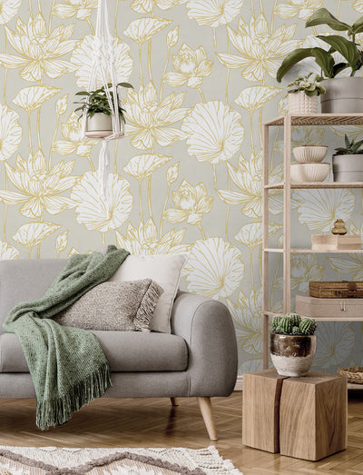 product image for Lotus Floral Prepasted Wallpaper in Grey/Gold by Seabrook 25