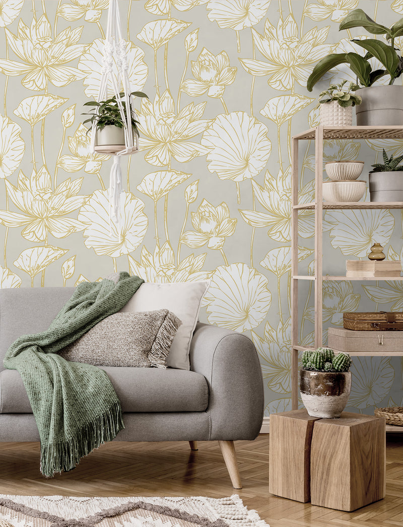 media image for Lotus Floral Prepasted Wallpaper in Grey/Gold by Seabrook 216