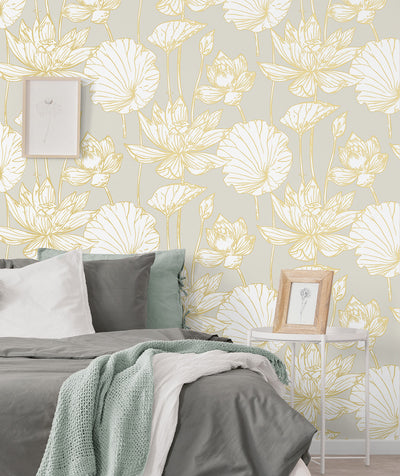 product image for Lotus Floral Prepasted Wallpaper in Grey/Gold by Seabrook 22