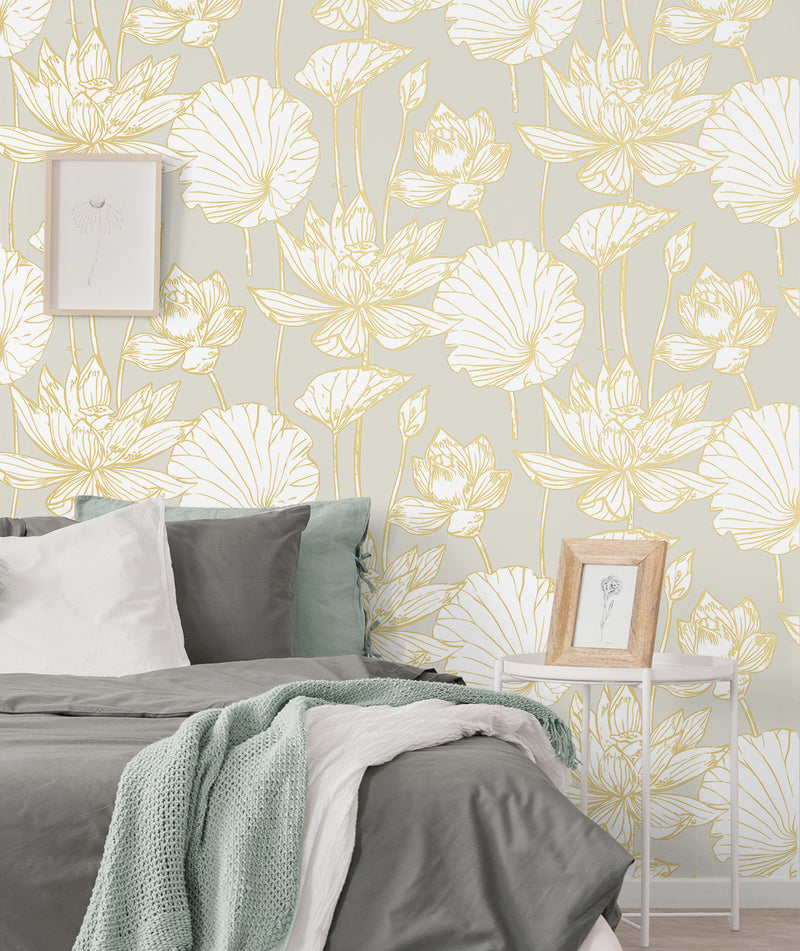 media image for Lotus Floral Prepasted Wallpaper in Grey/Gold by Seabrook 279