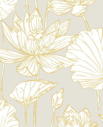 product image of Lotus Floral Prepasted Wallpaper in Grey/Gold by Seabrook 54