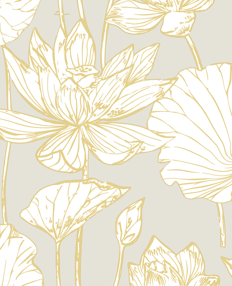 media image for Lotus Floral Prepasted Wallpaper in Grey/Gold by Seabrook 240