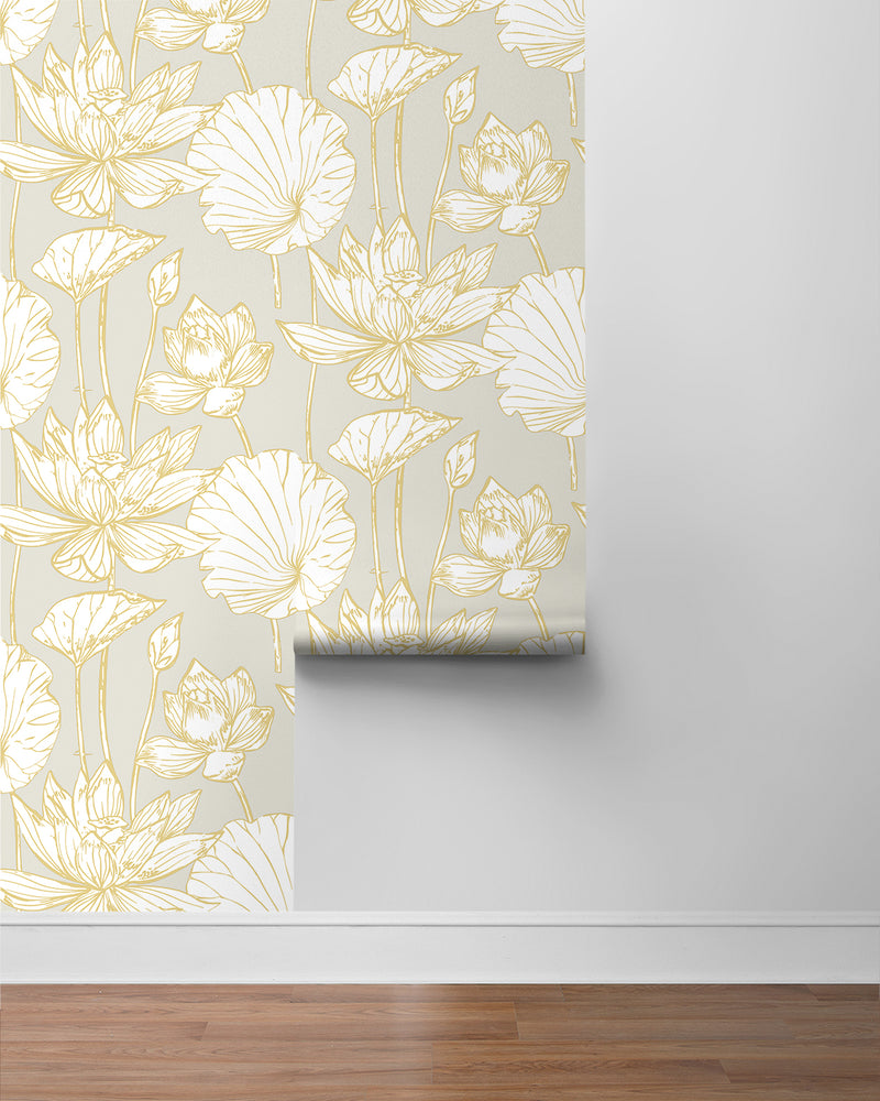 media image for Lotus Floral Prepasted Wallpaper in Grey/Gold by Seabrook 214