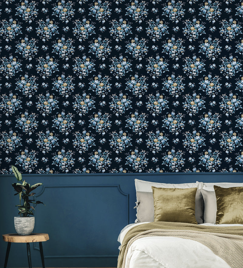 media image for Floral Bouquet Prepasted Wallpaper in Midnight Blue & Toffee 267