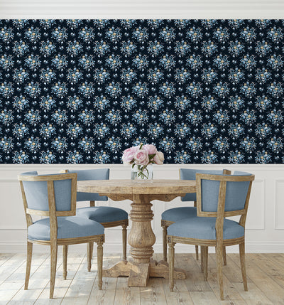 product image for Floral Bouquet Prepasted Wallpaper in Midnight Blue & Toffee 72