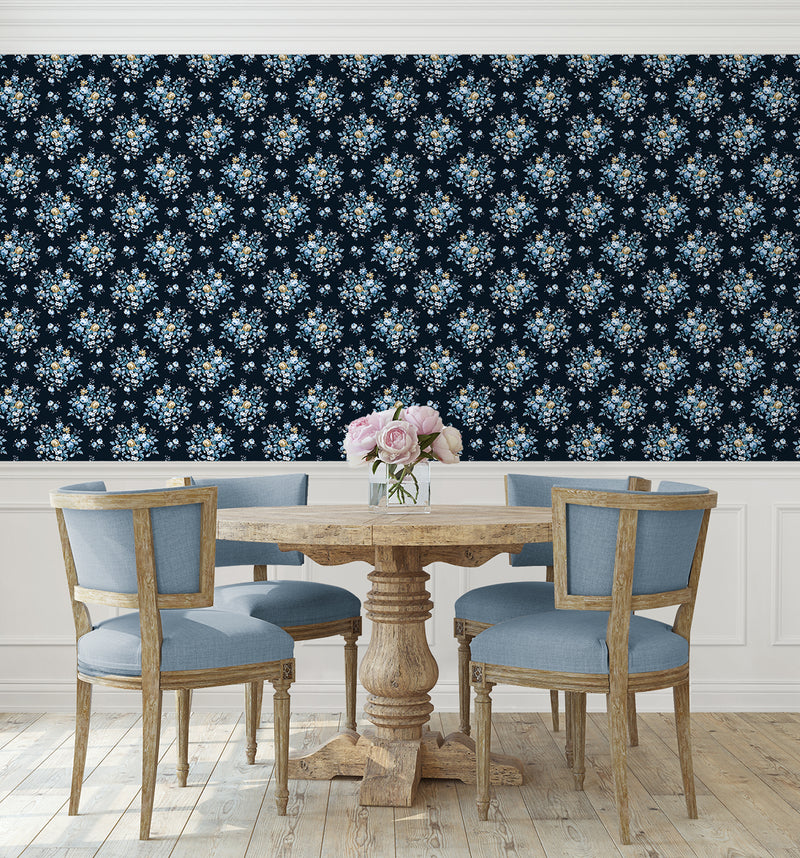 media image for Floral Bouquet Prepasted Wallpaper in Midnight Blue & Toffee 290