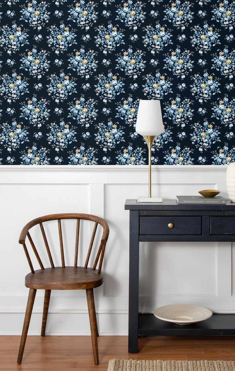 media image for Floral Bouquet Prepasted Wallpaper in Midnight Blue & Toffee 243