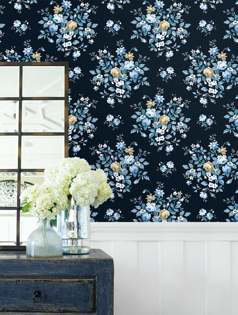 media image for Floral Bouquet Prepasted Wallpaper in Midnight Blue & Toffee 291